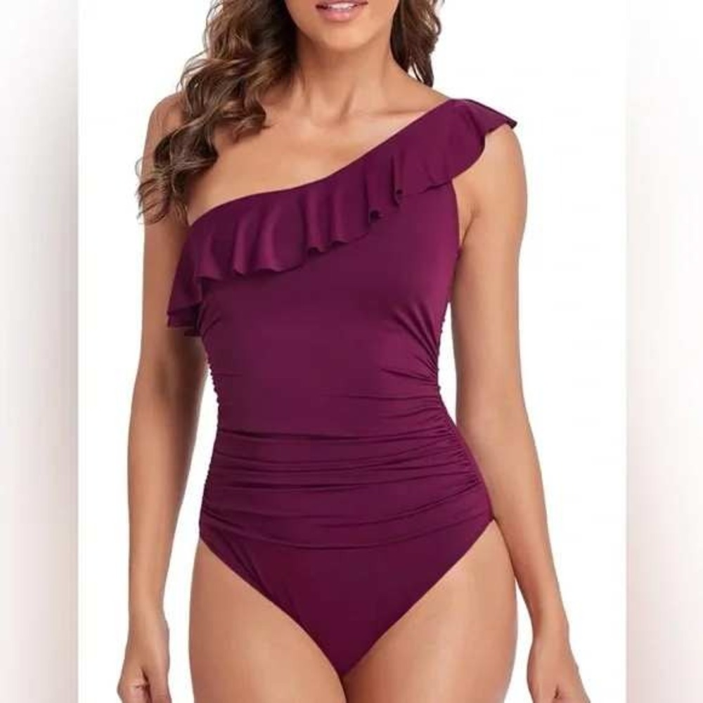 Hilor Womens One Shoulder Ruffle One Piece Swimsuit Ruched Plum Purple US 16